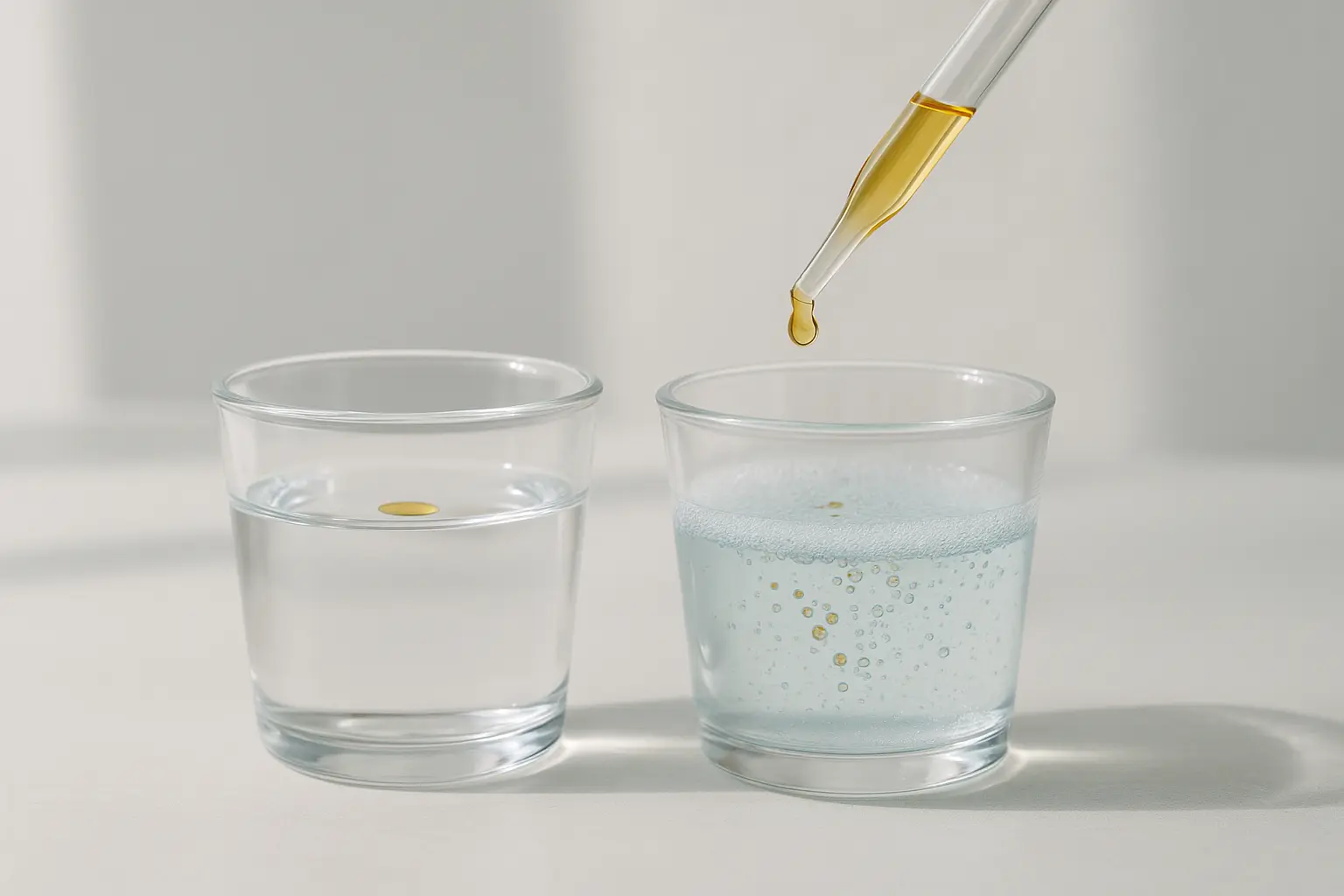 Zwei Glasgefäße mit Wasser und mit Reinigungswasser zeigen, wie Öl sich mit Tensiden feiner verteilt