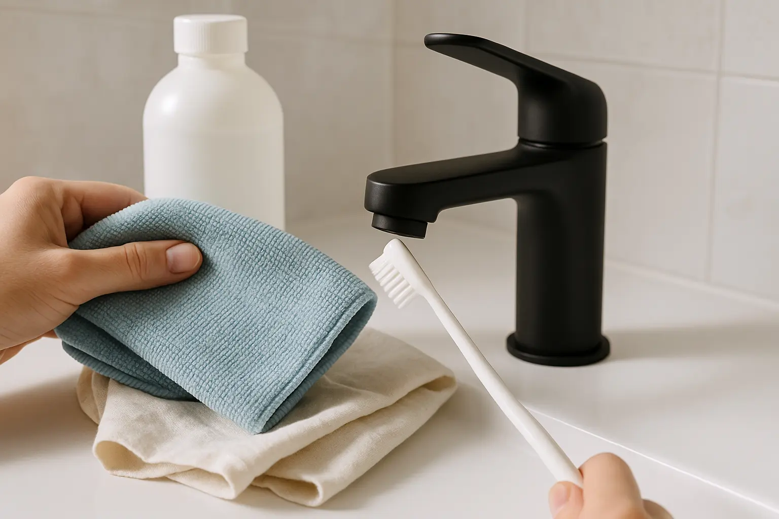 Reinigungswerkzeuge am Waschtisch: Mikrofasertuch, Baumwolltuch und weiche Bürste für schonende Armaturenpflege.