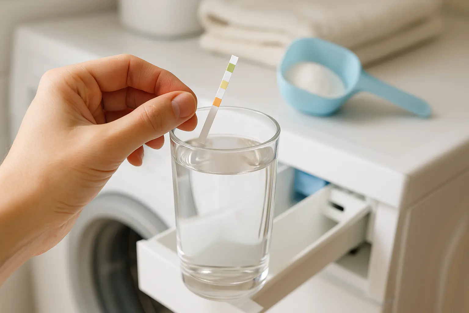 Mano con tiras de prueba de dureza del agua junto a un vaso de agua del grifo, al fondo una lavadora y un dosificador