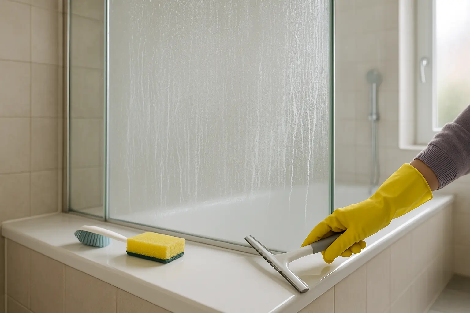 Reinigungsfilm auf Glasdusche mit Bürste und Abzieher während der Einwirkzeit