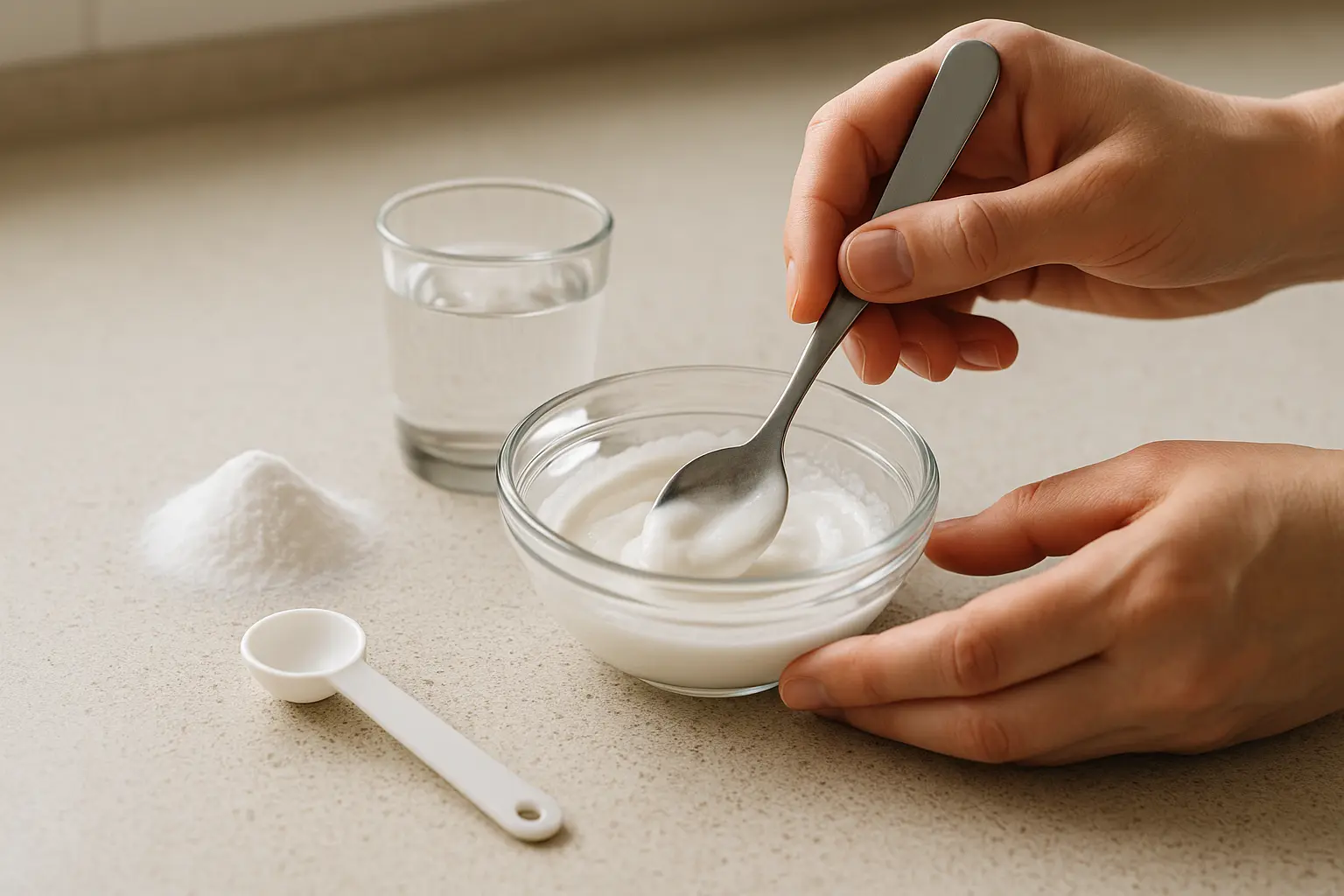 Natronpulver wird mit Wasser in einer Schüssel zu einer Paste verrührt