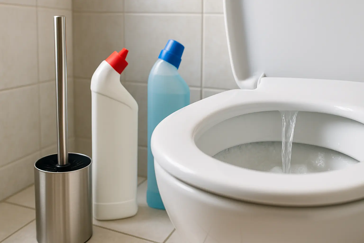 WC-Reiniger und Entkalker getrennt im Bad, mit laufendem Wasser zum Ausspülen statt Mischen