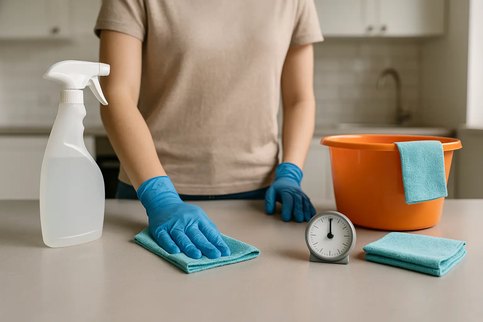 Küchenarbeitsplatte wird mit Handschuhen gereinigt: auftragen, kurz warten, dann abwischen