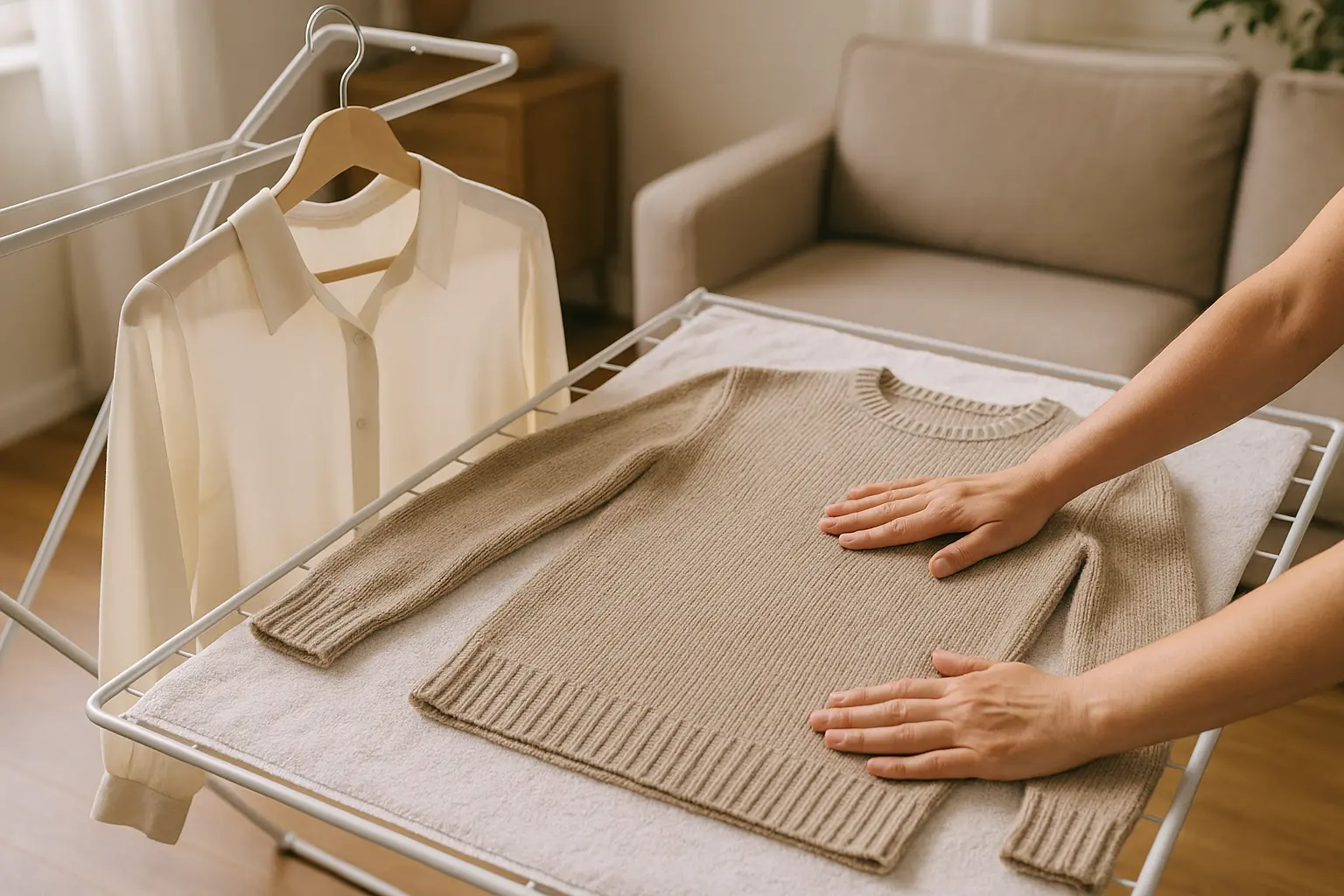 Wollpullover liegend auf Handtuch trocknen und Viskosebluse auf breitem Bügel, Hände bringen Stoff in Form