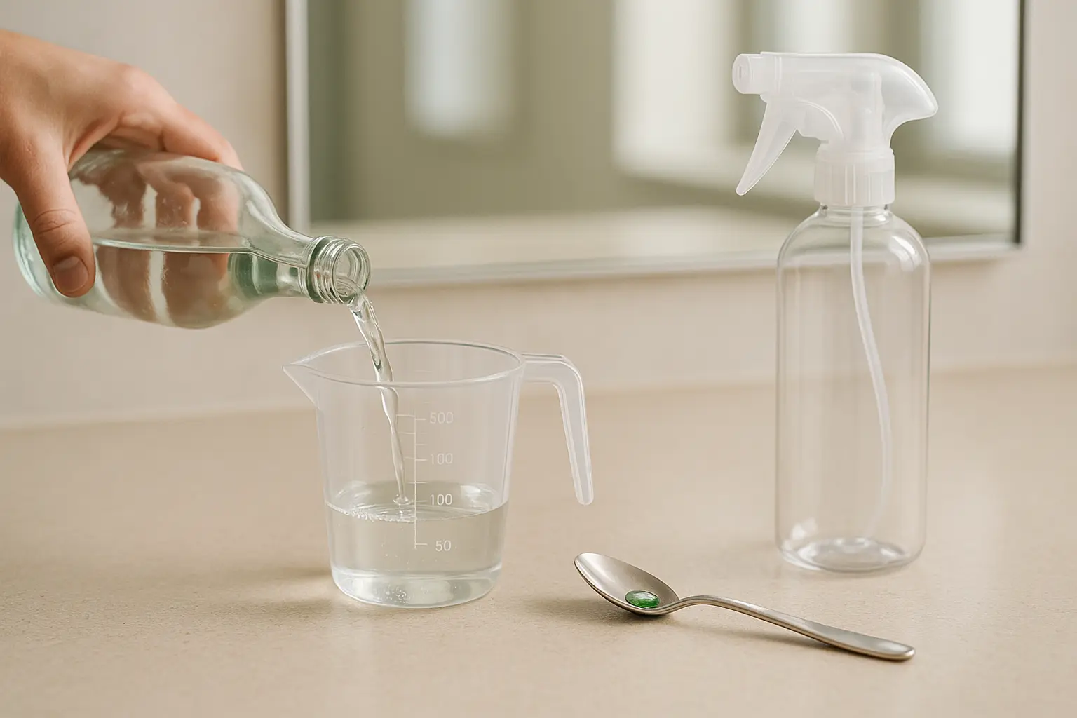 Mischschritt: destilliertes Wasser im Messbecher, Sprühflasche und ein Tropfen Spülmittel für eine milde...