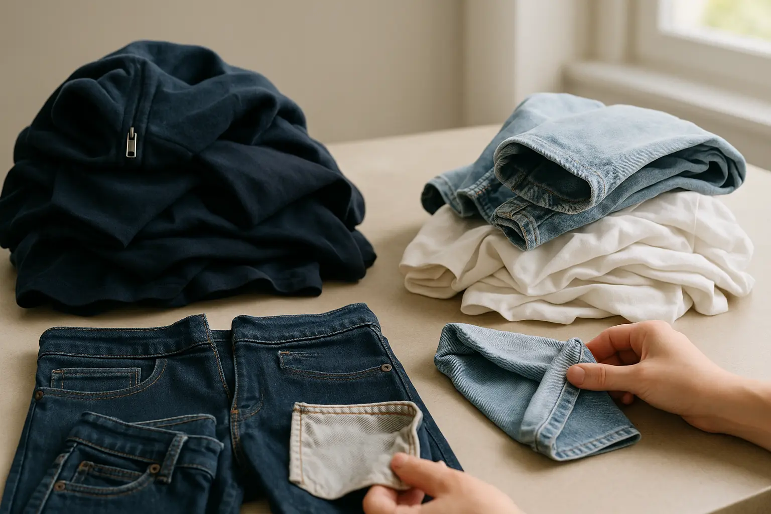 Sortierte dunkle und helle Wäsche mit auf links gedrehter Jeans zur Vorbereitung