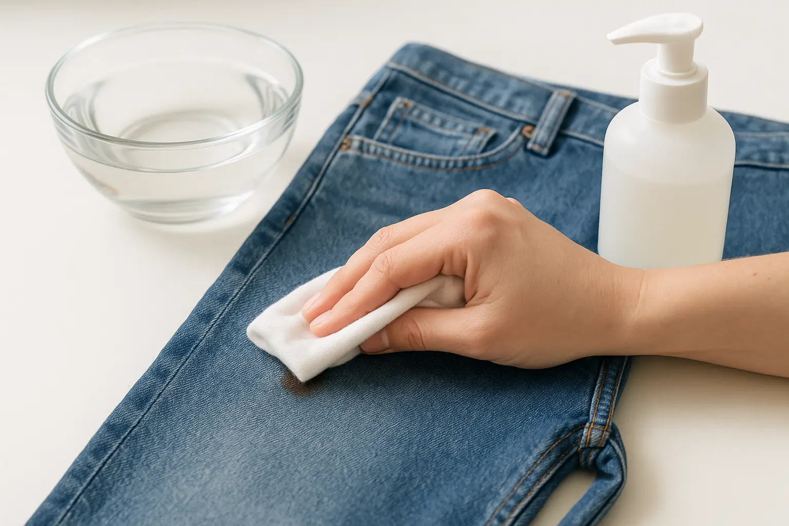 Fleck auf Jeans wird mit feuchtem Tuch und mildem Waschmittel lokal behandelt