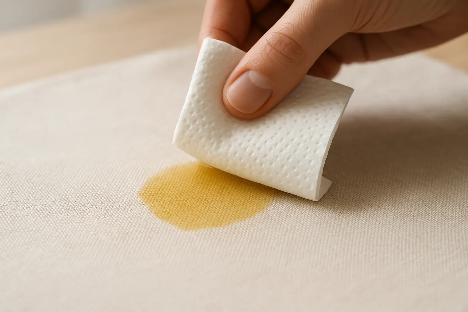 Frischer Speiseöl-Fleck wird mit Küchenpapier vorsichtig abgetupft