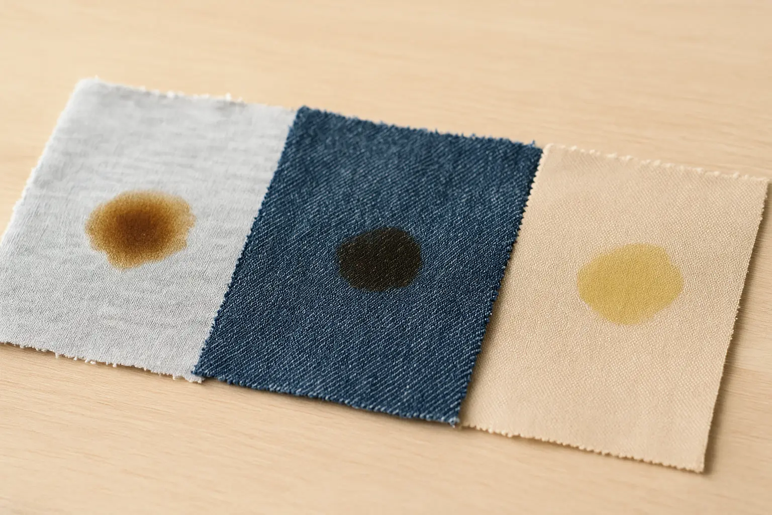 Vergleich: Fettfleck auf Baumwolle, Denim und Polyester-Mischgewebe in Nahaufnahme
