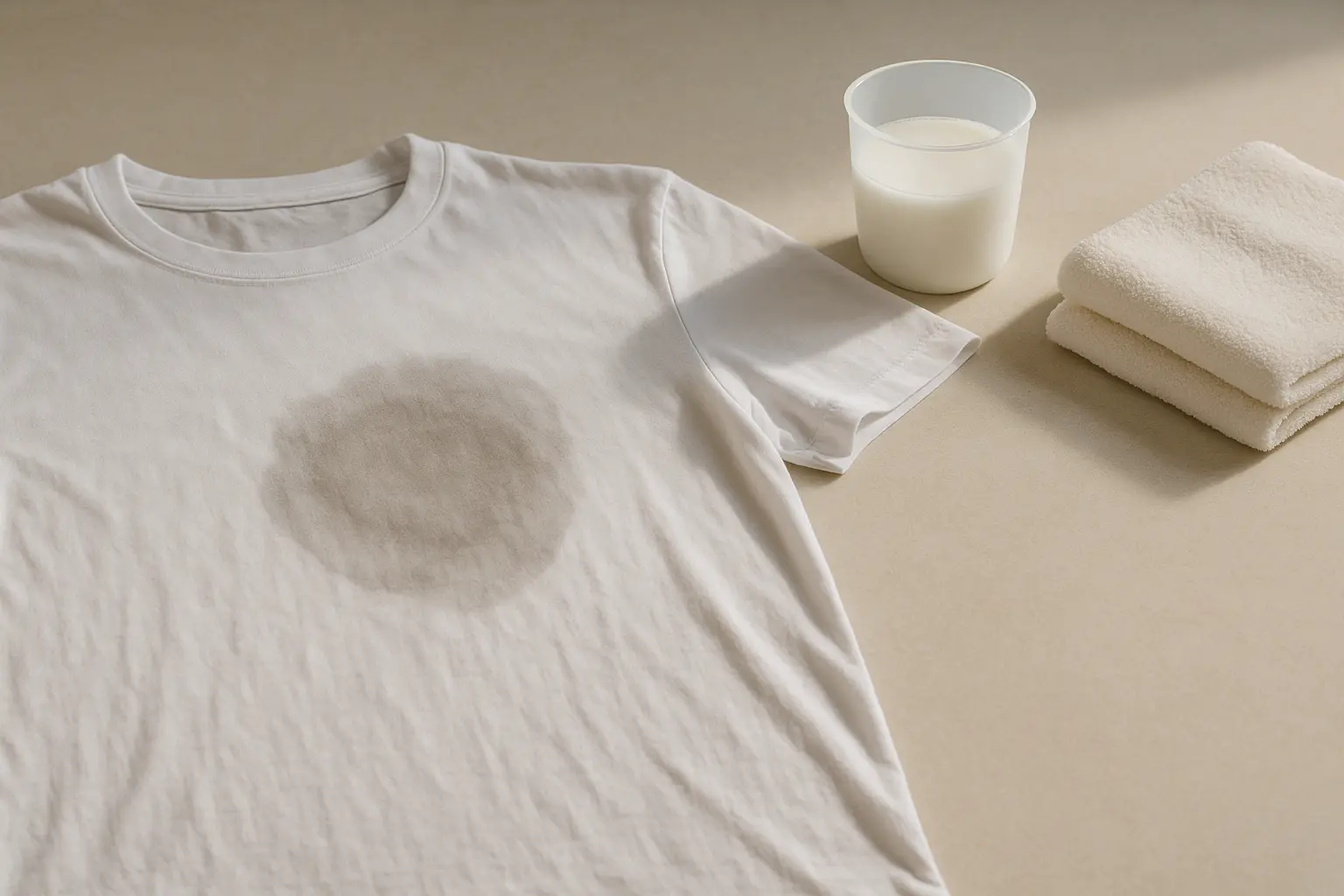 Nach dem Waschen sichtbarer Fett-Schatten auf einem noch feuchten T-Shirt bei Streiflicht