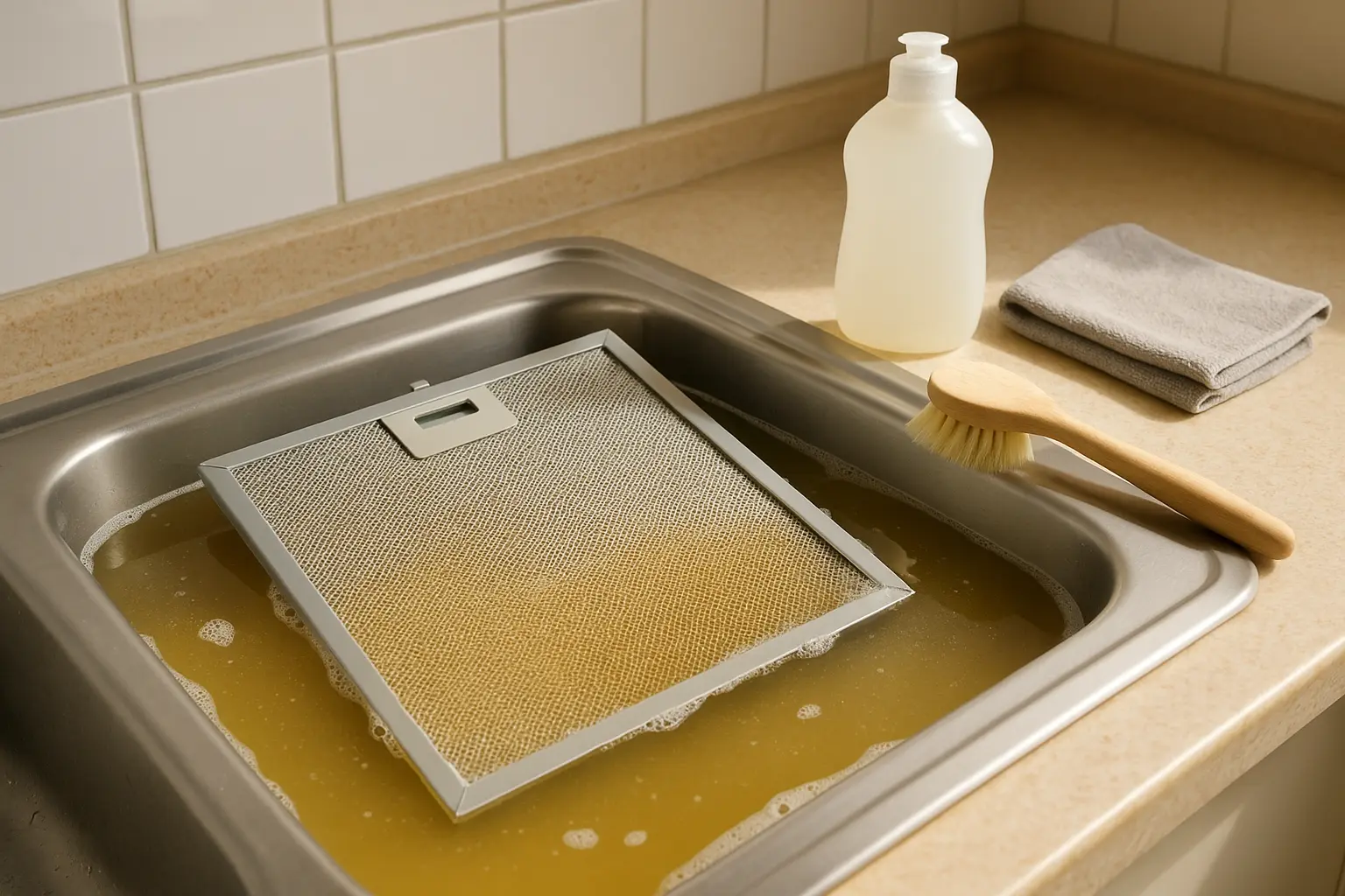 Metallfilter der Dunstabzugshaube weicht in warmem Spülwasser ein, Bürste und Tuch liegen bereit