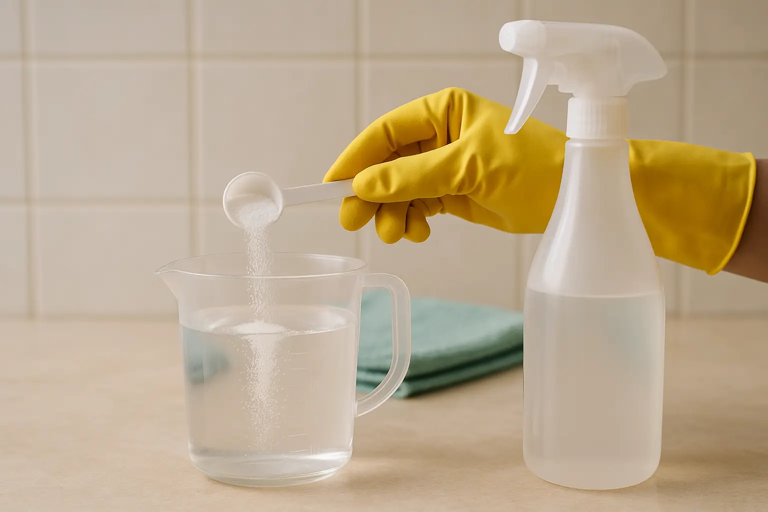 Zitronensäure wird mit Messlöffel in kaltes Wasser für einen DIY-Badreiniger eingerührt