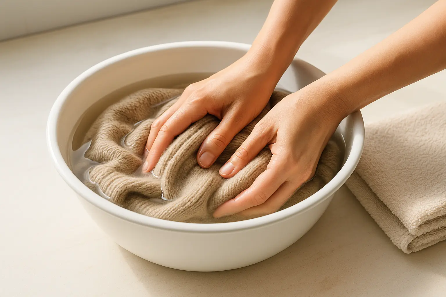 Handwäsche von Wolle: Textil wird im Wasser sanft gedrückt statt gerieben