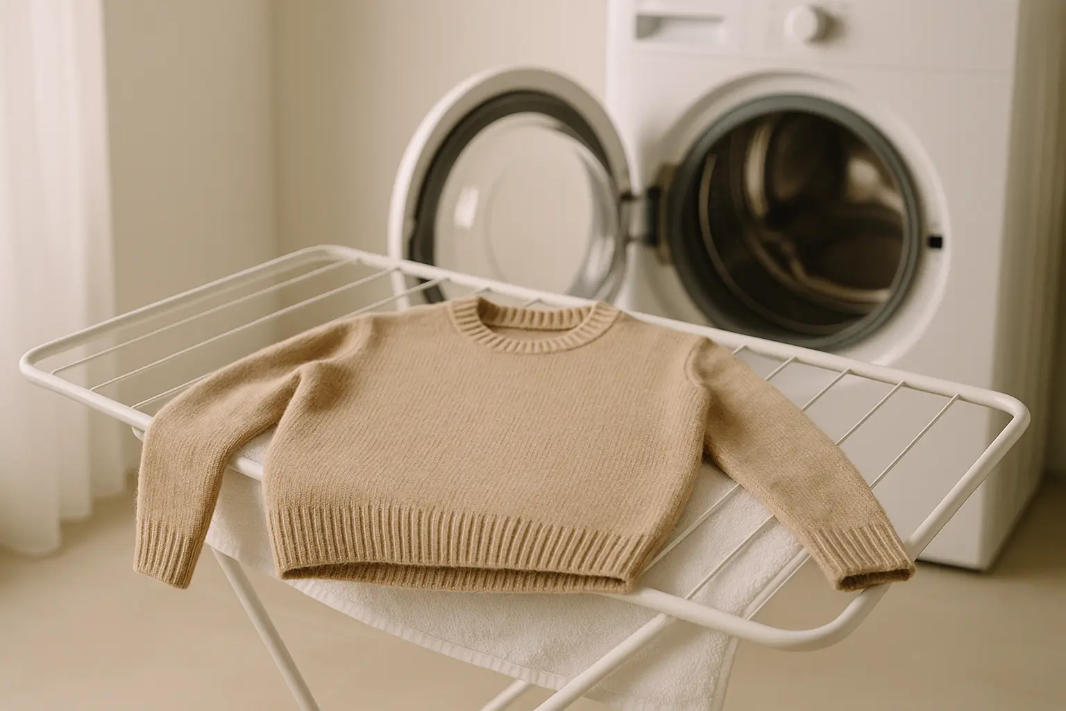 Wollpullover trocknet liegend als Alternative zum Trockner im Hintergrund