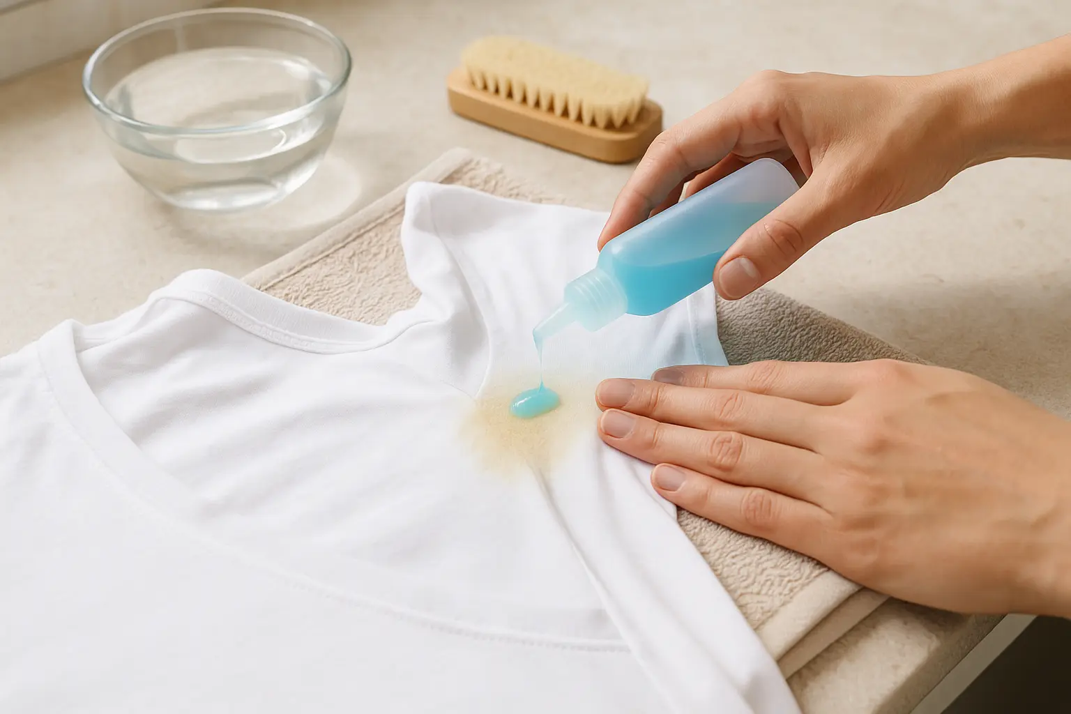 Hände tragen flüssiges Waschmittel zur Vorbehandlung auf die angefeuchtete Achselzone eines weißen T-Shirts auf.