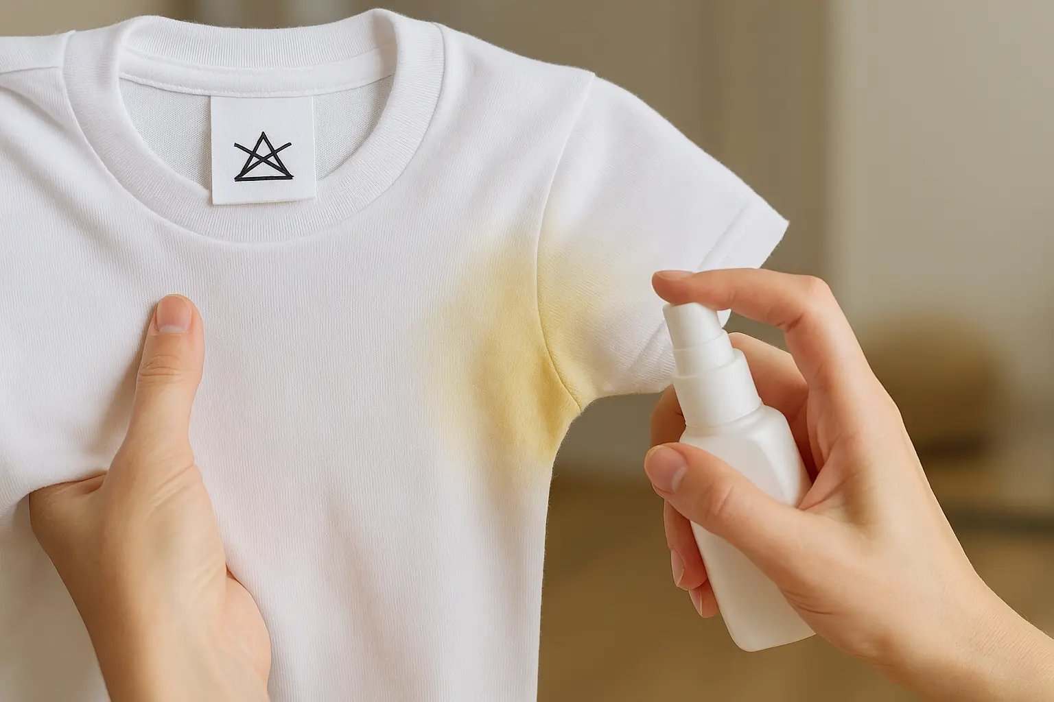 Makroaufnahme eines Pflegeetiketts am Shirt mit erkennbaren Pflegesymbolen als Entscheidungshilfe gegen Deoflecken.