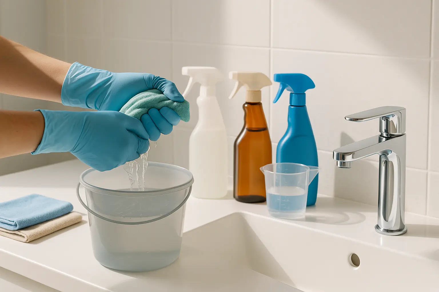 Hände wischen eine Armatur mit klarem Wasser nach, neben Eimer und getrennten Reinigersprühflaschen