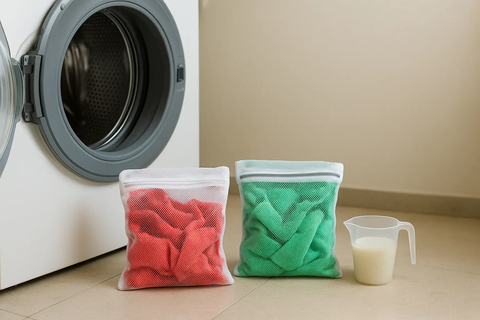 Zwei Wäschenetze mit getrennten Mikrofasertüchern vor einer offenen Waschmaschine