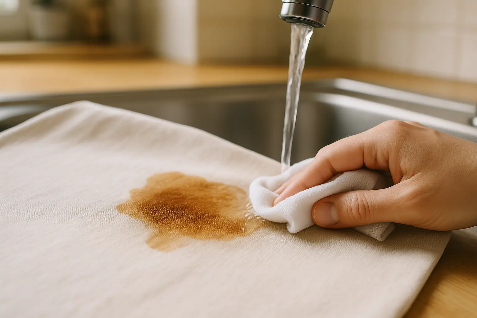 Frischer Kaffeefleck wird von der Rückseite mit kaltem Wasser ausgespült und vorsichtig abgetupft.