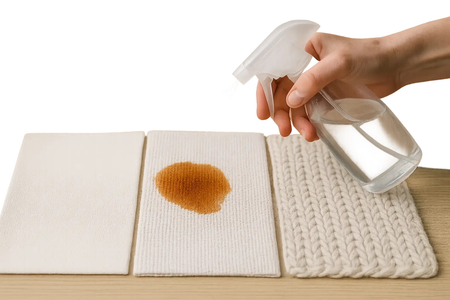 Grafische Darstellung verschiedener Textilfasern mit unterschiedlich tief sitzendem Kaffeefleck.