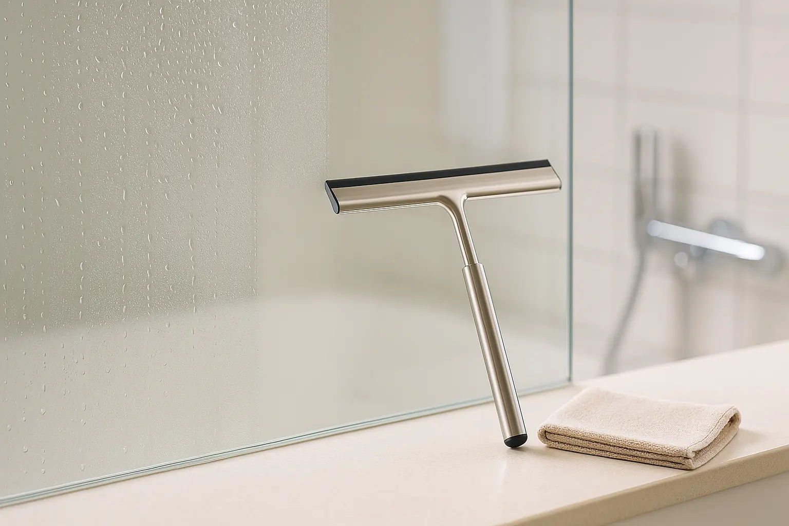 Duschglas wird mit einem Abzieher von Wassertropfen befreit, Mikrofasertuch liegt bereit