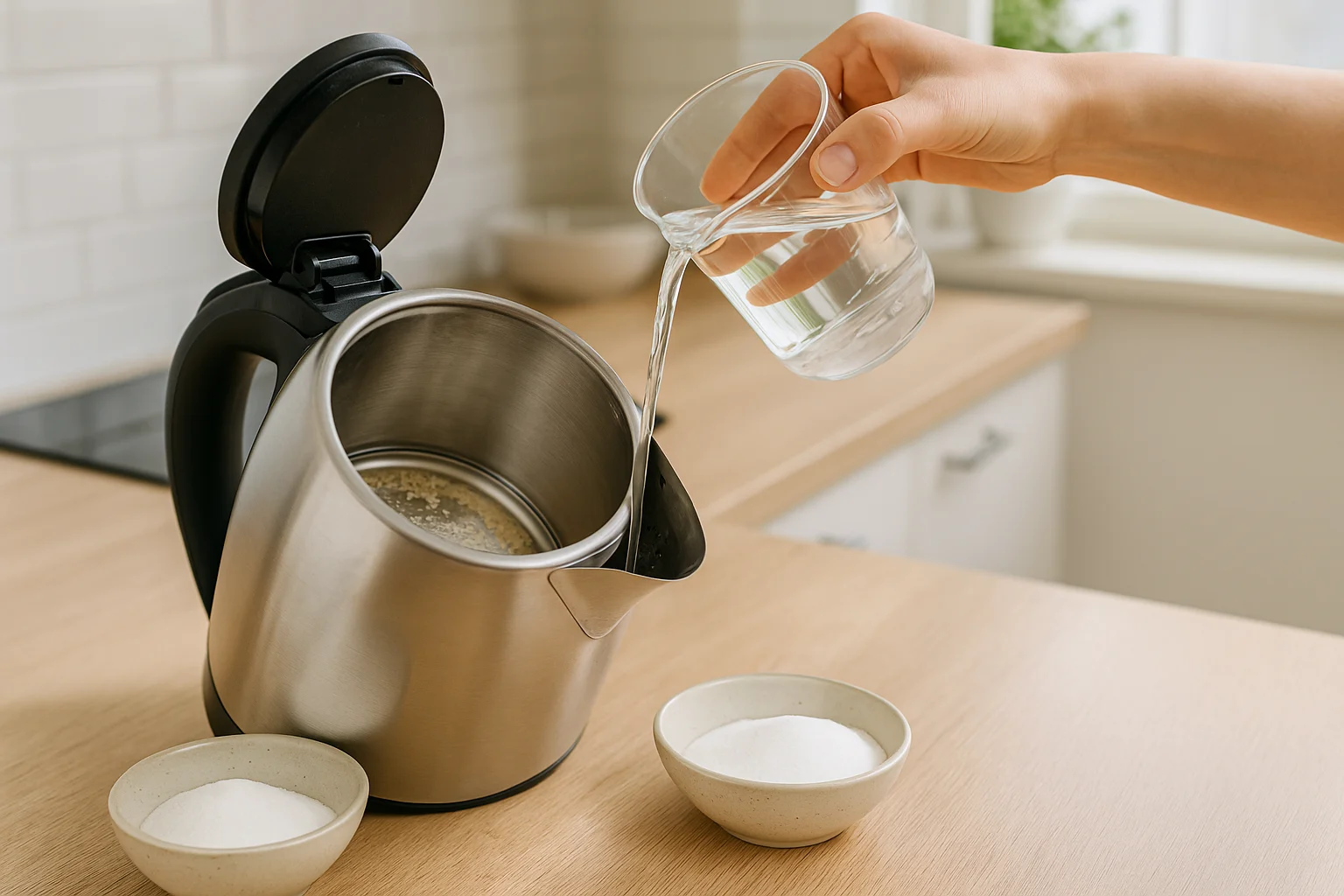 Wasserkocher mit sichtbarer Kalkschicht, daneben Zitronensäurepulver und angerührte Entkalkerlösung