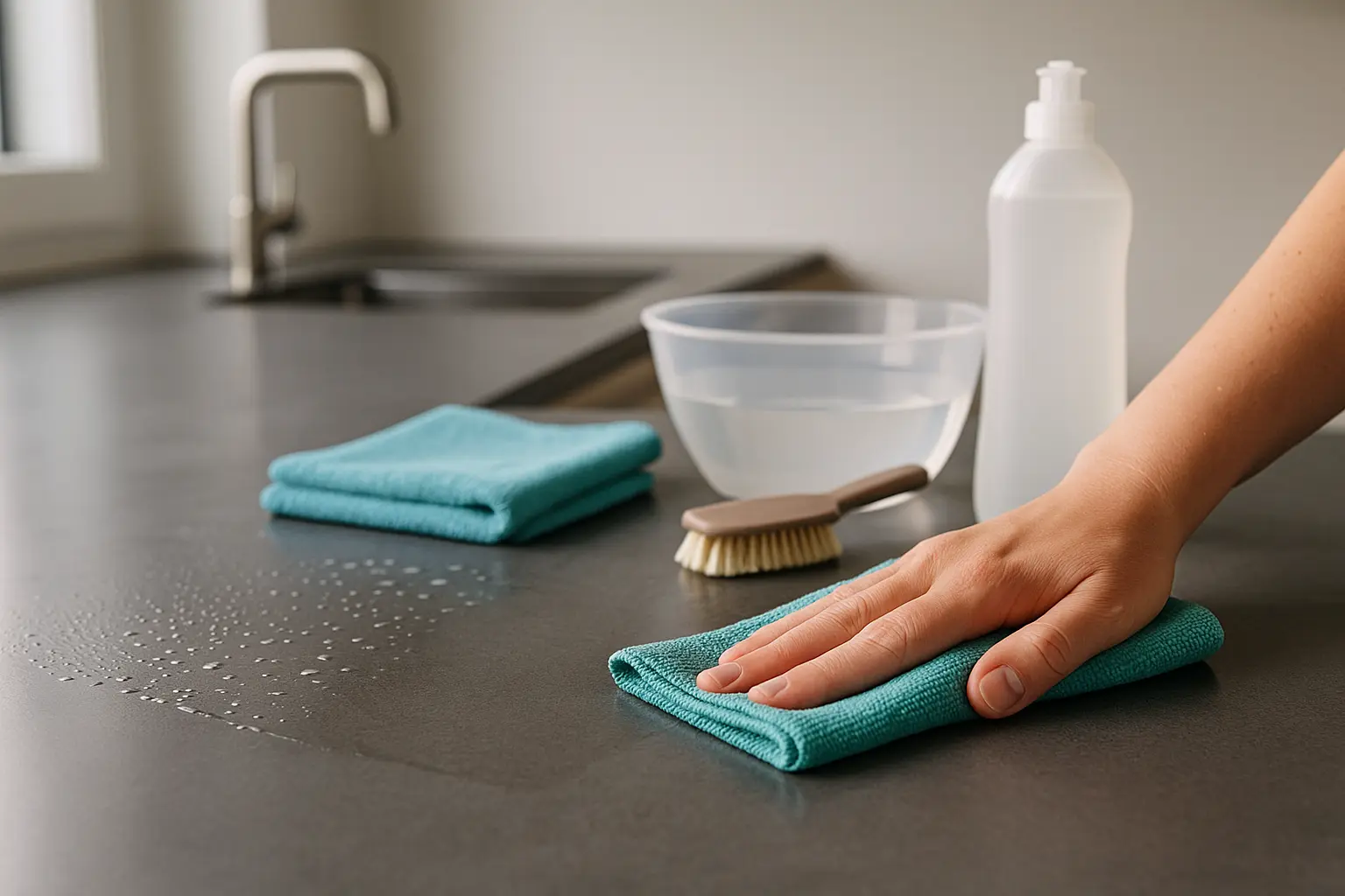 Zwei Mikrofasertücher und klares Wasser beim Abwischen einer Küchenarbeitsplatte