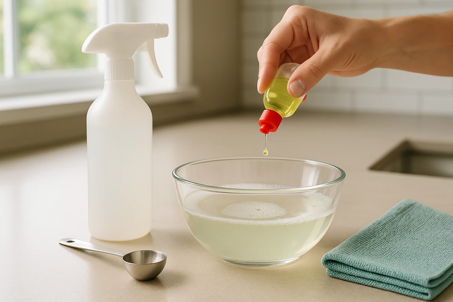 Dosieren eines milden DIY-Allzweckreinigers mit Spülmittel, Wasser, Messlöffel und Mikrofasertuch