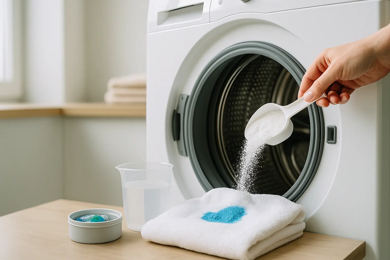 Waschmaschine mit geöffneter Waschmittelschublade und daneben Pulver, Flüssigwaschmittel und Caps als drei Dosiersysteme