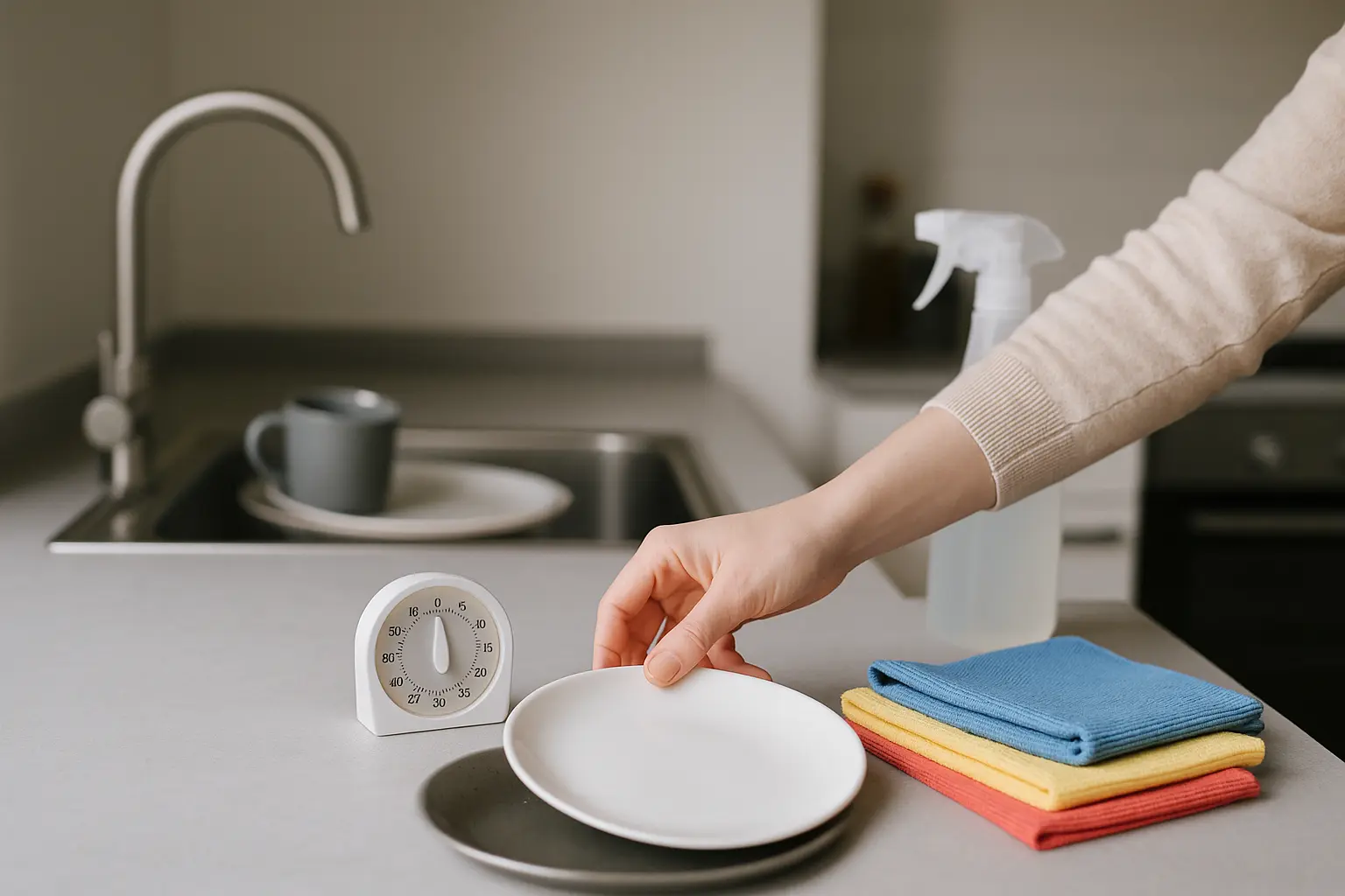 Küchentimer neben Mikrofasertüchern und Reiniger als Startpunkt für eine 15-Minuten-Putzroutine