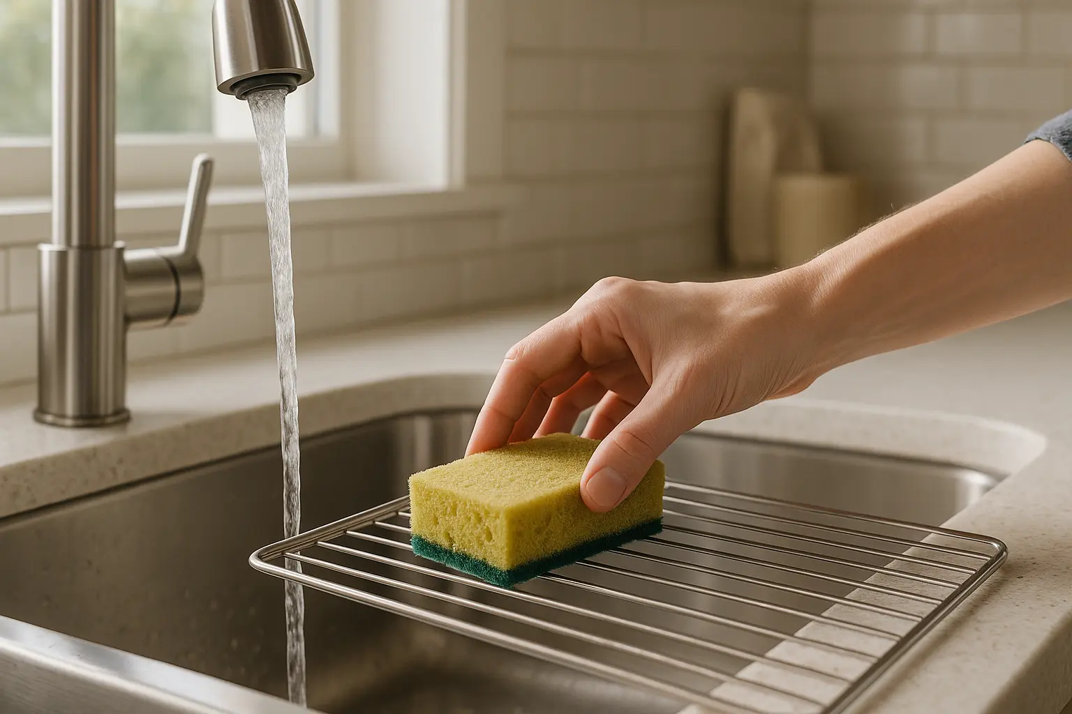 Ausspülen und Trocknen eines Küchenschwamms an der Spüle als Teil der täglichen Küchenroutine