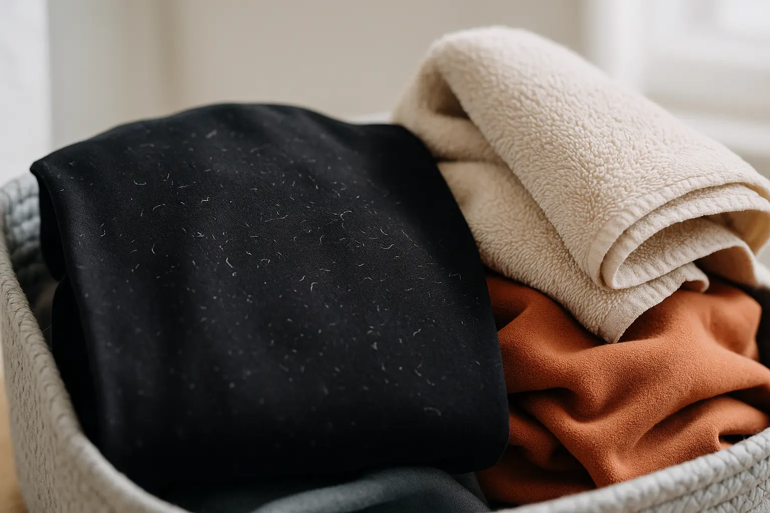 Schwarzes Shirt mit Fusseln neben Handtuch als Beispiel für problematische Kombination