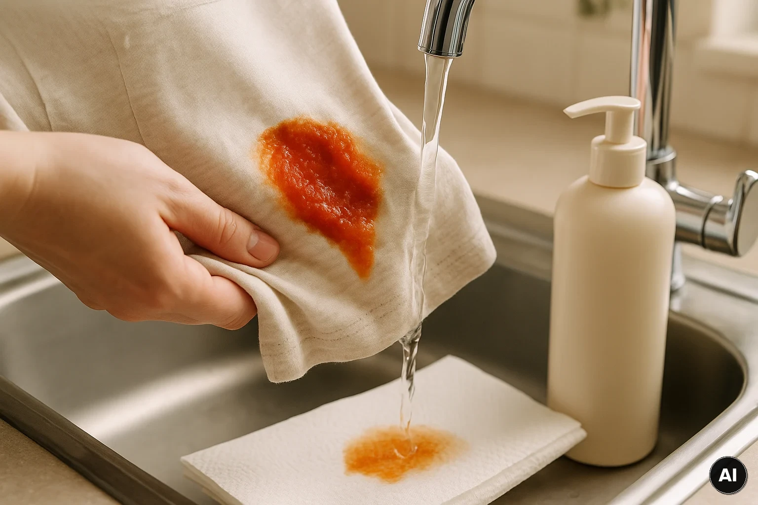 Tomatensauce-Fleck wird mit kaltem Wasser von der Rückseite ausgespült, Küchenpapier liegt darunter