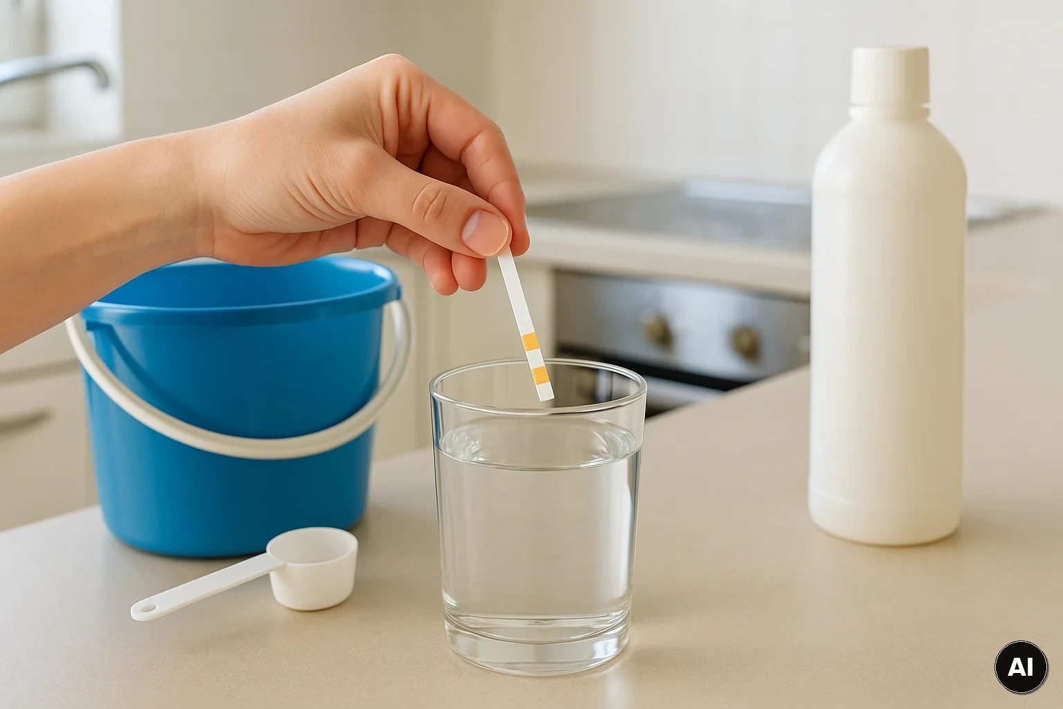 Wasserhärte-Teststreifen über einem Glas Leitungswasser in der Küche, daneben Reinigungsutensilien zur Dosierungskontrolle