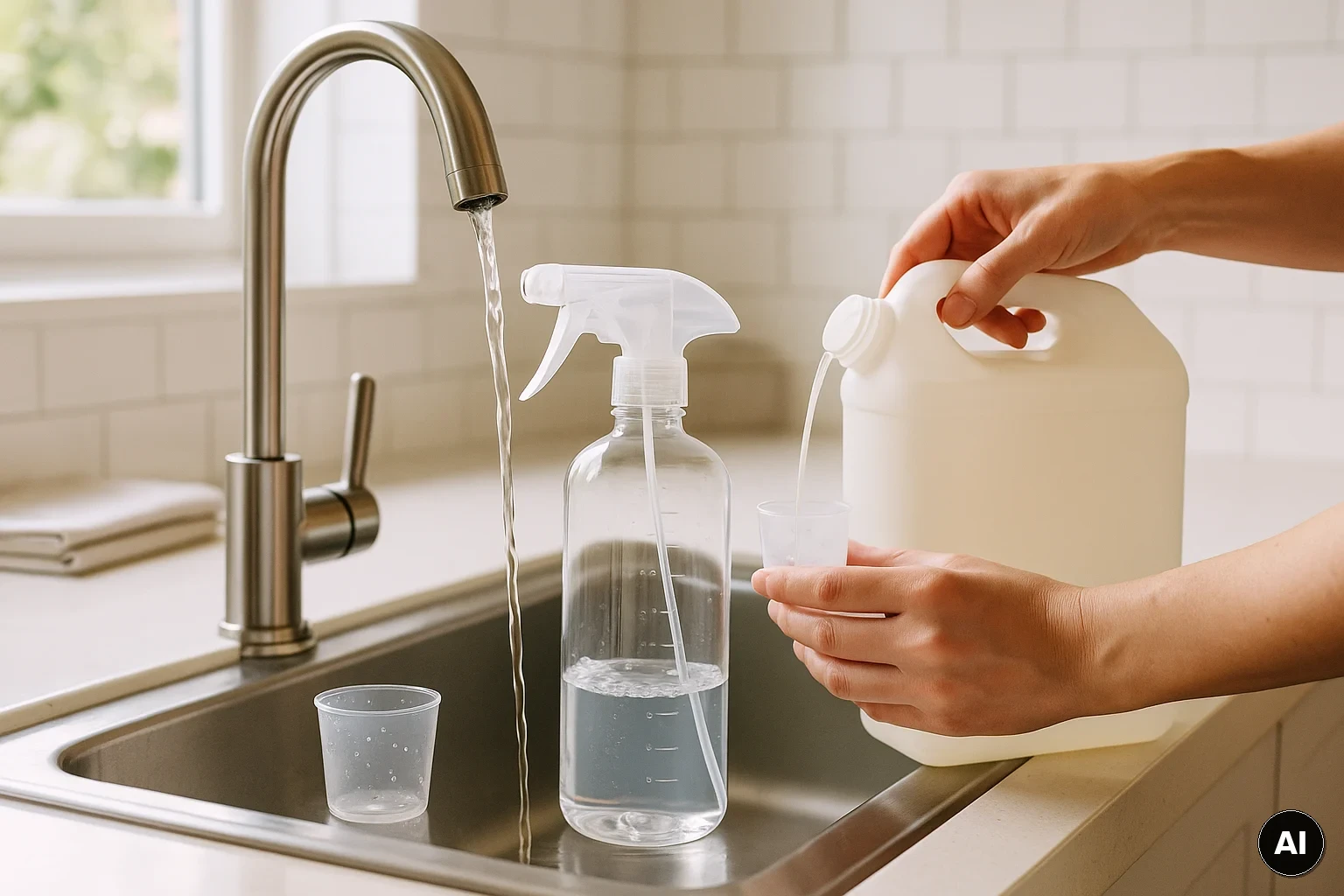 Hand füllt eine Sprühflasche mit markierter Skala mithilfe eines Messbechers am Spülbecken