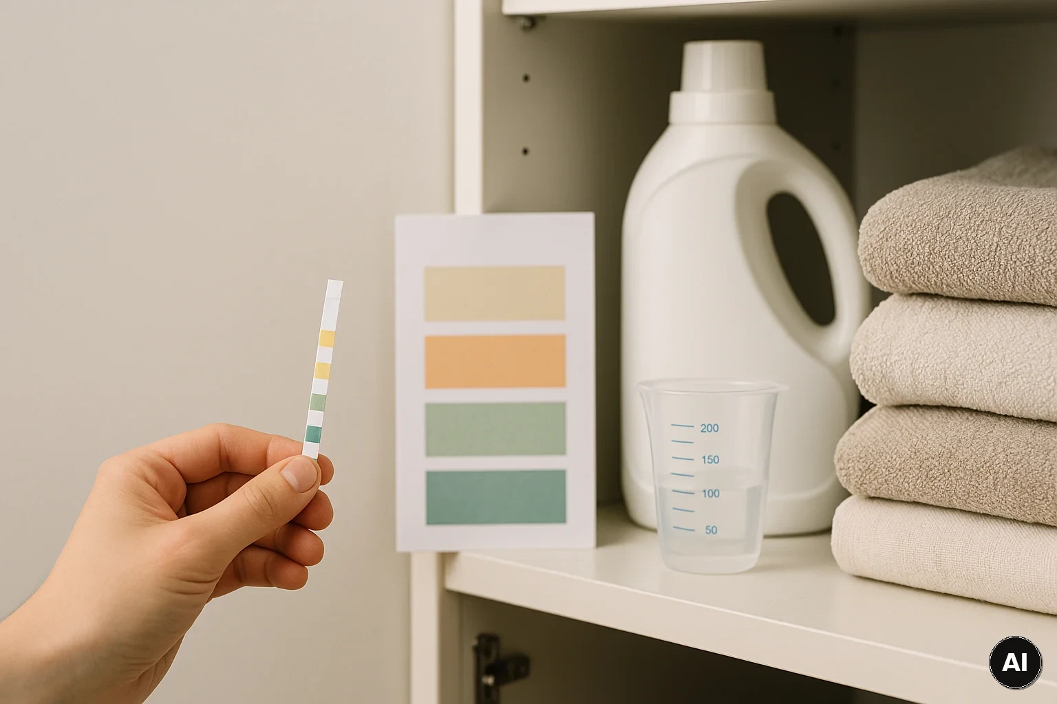 Teststreifen zur Bestimmung der Wasserhärte neben Waschmittel und gefalteter Wäsche