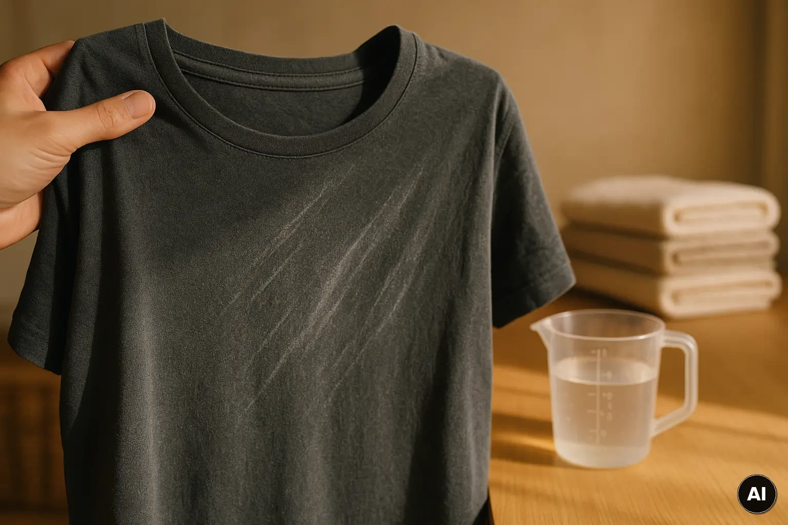 Nahaufnahme eines dunklen Shirts mit sichtbaren Waschmittelrückständen im Tageslicht