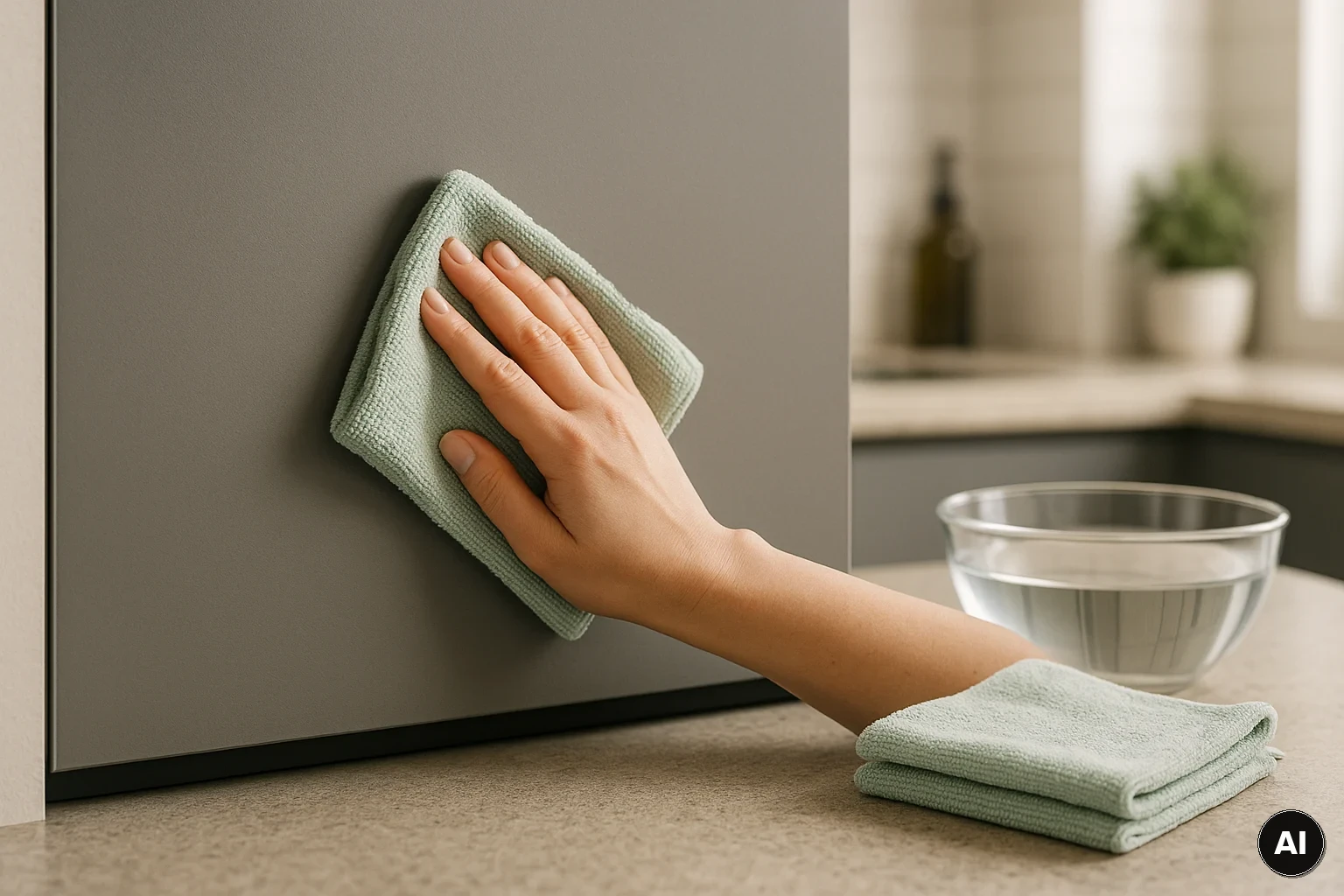 Hand wischt eine matt lackierte Front mit feuchtem Mikrofasertuch, daneben klares Wasser und ein trockenes Tuch
