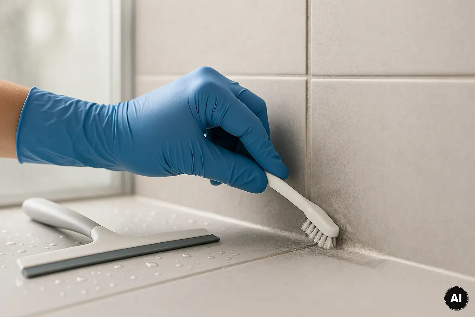 Hand mit Handschuh reinigt Fliesenfuge in der Dusche mit Fugenbürste; Duschabzieher liegt bereit.